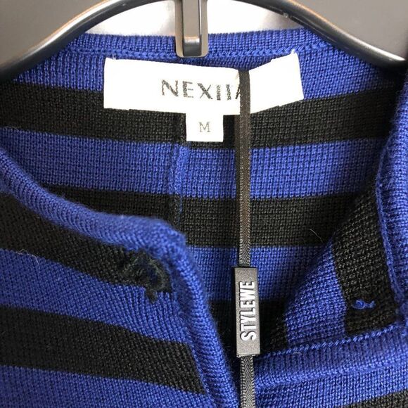NEXIIA Blue/Black striped Front/back Slit Long button down Cardigan size M. ER - Picture 3 of 9